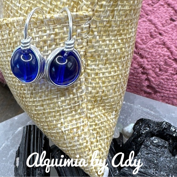 Untreated sapphire ball dangle spheres silver earrings handmade - Picture 3 of 5